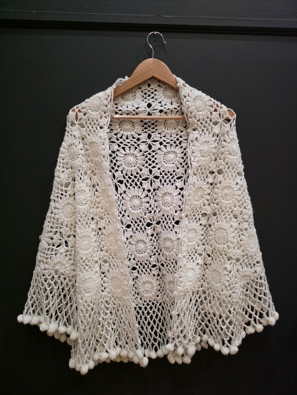 Vtg Crochet Open Shawl Poncho Cape White Pom Pom Fringe One Size